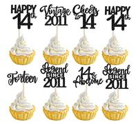 SYKYCTCY 24 Pack 14th Birthday Cupcake Toppers Glitter Fourteen Legend Since 2011 14th Vintage 2011 Cupcake Picks for Cheers to 14 Years 14th Birthday Wedding Party Decoration Supplies