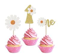 SYKYCTCY 24 Pack 1st Birthday Daisy Cupcake Toppers Glitter One Daisy Cupcake Picks Spring Daisy Flower Chrysanthemum First Birthday Cupcake Decorations Kids birthday Party Supllies Gold