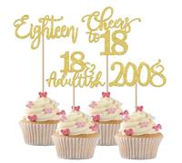 SYKYCTCY 24 Pack 2008 Birthday Cupcake Toppers Cheers to 18 Eighteen Cupcake Picks 18 Adultish Cake Decorations for Kids 18th Birthday Party Anniversary Party Supplies Gold