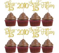 SYKYCTCY 24 Pack 2010 Birthday Cupcake Toppers Cheers to 15 Fifteen Cupcake Picks Sweet 15 Cake Decorations for Kids 15th Birthday Party Anniversary Party Supplies Gold