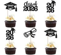 SYKYCTCY 24 Pack 2026 Graduation Cupcake Toppers Glitter Class of 2026 Diploma Grad Cap Cupcake Picks 2026 Graduation Theme Party Cake Decorations Supplies Black