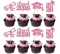 SYKYCTCY 24 Pack 2026 Graduation Cupcake Toppers Glitter Class of 2026 Grad Cap Diploma Cupcake Picks 2026 Graduation Theme Party Cake Decorations Supplies Pink
