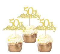 SYKYCTCY 24 Pack 50th Anniversary Cupcake Toppers Glitter Happy 50th Anniversary Cupcake Picks Cheers to 50 Years Number 50 Fifty Cake Decorations Wedding Party Cake Decorations Gold