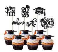 SYKYCTCY 24 Pack Black 2025 Graduation Cupcake Toppers Glitter So Proud of You Done Diploma Grad Cap Cupcake Picks You Did it Cake Decorations for 2025 Graduation Theme Party Supplies