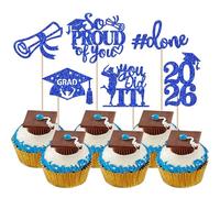 SYKYCTCY 24 Pack Blue 2026 Graduation Cupcake Toppers Glitter So Proud of You Done Diploma Grad Cap Cupcake Picks You Did it Cake Decorations for 2026 Graduation Theme Party Supplies