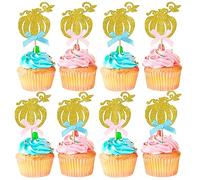 SYKYCTCY 24 Pack Boy or Girl Pumpkin Cupcake Toppers Glitter Gender Reveal Pumpkin Cupcake Picks Baby Shower Cupcake Decorations for Kids Birthday Fall Theme Party Supplies with Pink Blue Bow