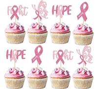 SYKYCTCY 24 Pack Breast Cancer Awareness Cupcake Toppers Glitter Pink Ribbon Fight Beliveve Hope Cupcake Picks for Believe Hope Pink Ribbon Party Cake Decorations Supplies