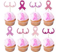 SYKYCTCY 24 Pack Breast Cancer Awareness Cupcake Toppers Glitter Ribbon Fight Beliveve Hope Cupcake Picks Believe Hope Pink Ribbon Cupcake Decorations Party Supplies Multi