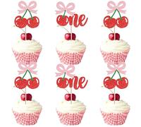 SYKYCTCY 24 Pack Cherry One Cupcake Toppers Glitter Pink Bow Cherry Cupcake Picks Cherry 1st Birthday Decorations for Sweet Fruit Baby Shower Kids Girls First Birthday Party Cake Decorations Supplies