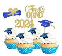 SYKYCTCY 24 Pack Class of 2024 Cupcake Toppers Glitter Congrats Grad 2024 Done Diploma Cupcake Picks for Class of 2024 Graduation Theme Cake Decorations Party Supplies Gold Blue