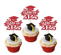 SYKYCTCY 24 Pack Class of 2025 Cupcake Toppers Glitter Class of 2025 Congrate Cupcake Picks for Graduation Theme Cake Decorations Party Supplies Red