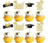 SYKYCTCY 24 Pack Class of 2026 Cupcake Toppers Glitter 2026 Graduation Diploma Grad Cap Cupcake Picks for Graduation Theme School Graduate Party Cake Decorations Supplies Gold