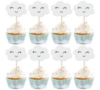 SYKYCTCY 24 Pack Cloud Cupcake Toppers Glitter Cut Smile White Cloud Cupcake Picks for Lovely Baby Shower Birthday Cupcake Decorations Party Supplies