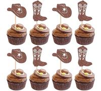 SYKYCTCY 24 Pack Cowboy Cupcake Toppers Glitter Hat Boot Cupcake Picks For Western Cowboy Theme Baby Shower Kids Birthday Party Cake Decorations Supplies Brown
