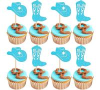 SYKYCTCY 24 Pack Cowboy Cupcake Toppers Glitter Hat Boot Cupcake Picks For Western Cowboy Theme Baby Shower Kids Birthday Party Cake Decorations Supplies Blue