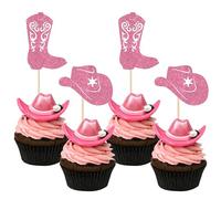 SYKYCTCY 24 Pack Cowboy Cupcake Toppers Glitter Hat Boot Cupcake Picks Western Cowboy Birthday Cake Decorations for Western Theme Baby Shower Birthday Party Supplies Pink (Color-Pink 02)