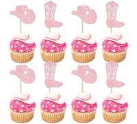 SYKYCTCY 24 Pack Cowboy Cupcake Toppers Glitter Hat Boot Cupcake Picks Western Cowboy Birthday Cake Decorations for Western Theme Baby Shower Birthday Party Supplies Pink