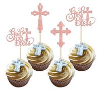 SYKYCTCY 24 Pack Cross Cupcake Toppers Glitter Christianity God Bless Cupcake Picks for Religious Baptism Theme First Holy Communion Party Cake Decorations Supplies Rosegold