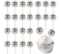 SYKYCTCY 24 Pack Disco Ball Cake Toppers 70's Disco Ball Cake Decorations Disco Happy Birthday Cake Picks for 1970s 70s 80s 90s Birthday Party Supplies