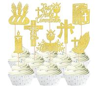 SYKYCTCY 24 Pack First Holy Communion Cupcake Toppers Glitter Cross Bible Cupcake Picks Angel God Bless Cake Decorations for First Communion Baptism Religion Theme Birthday Party Supplies Gold