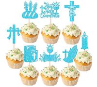 SYKYCTCY 24 Pack First Holy Communion Cupcake Toppers Glitter Cross Bible Cupcake Picks Angel God Bless Cake Decorations for First Communion Baptism Religion Theme Birthday Party Supplies Blue