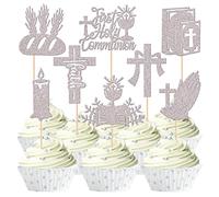 SYKYCTCY 24 Pack First Holy Communion Cupcake Toppers Religion Cupcake Picks Glitter Cross Bible Angel God Bless Cake Decorations for First Communion Baptism Birthday Party Supplies Silver
