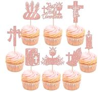 SYKYCTCY 24 Pack First Holy Communion Cupcake Toppers Religion Theme Cupcake Picks Glitter Cross Bible Angel God Bless Cake Decorations for First Communion Baptism Birthday Party Supplies Rose Gold