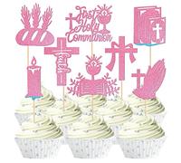 SYKYCTCY 24 Pack First Holy Communion Cupcake Toppers with Glitter Cross Bible Angel God Bless Cupcake Picks First Communion Baptism Religion Theme Birthday Party Cake Decorations Supplies Pink