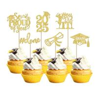 SYKYCTCY 24 Pack Gold 2025 Graduation Cupcake Toppers Glitter So Proud of You Done Diploma Grad Cap Cupcake Picks Class of 2025 Cake Decorations for 2025 Graduation Theme Party Supplies