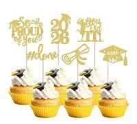 SYKYCTCY 24 Pack Gold 2026 Graduation Cupcake Toppers Glitter So Proud of You Done Diploma Grad Cap Cupcake Picks Class of 2026 Cake Decorations for 2026 Graduation Theme Party Supplies