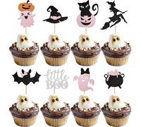 SYKYCTCY 24 Pack Halloween Cupcake Toppers Glitter Witch Boo Ghost Bat Skeleton Cupcake Picks Halloween Theme Baby Shower Kids Birthday Party Cake Decorations Supplies
