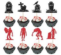 SYKYCTCY 24 Pack Halloween Tombstone Cupcake Toppers Glitter RIP Cemetery Graves Zombie Cross Cupcake Picks for Halloween Theme Birthday Party Cake Decorations Supplies