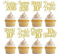 SYKYCTCY 24 Pack Happy 10th Birthday Cupcake Topper Glitter Blue Ten 10 Fabulous Vintage 2016 Cupcake Picks Awesome Since 2016 Cake Decoration for 10th Birthday Party Supplies