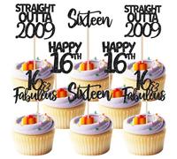 SYKYCTCY 24 Pack Happy 16th Birthday Cupcake Toppers Straight Outta 2009 Sixteen Awesome Since 2009 Cupcake Picks 16 Fabulous Cake Decorations for 16th Birthday Anniversary Party Black