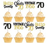 SYKYCTCY 24 Pack Happy 70th Birthday Cupcake Toppers Glitter Seventy Cheers to 70 Fabulous Vintage 1955 Cupcake Picks for 70th Birthday Wedding Anniversary Party Cake Decorations Supplies Black