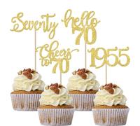 SYKYCTCY 24 Pack Happy 70th Birthday Cupcake Toppers Seventy Hello 70 Cupcake Picks Cheers to 70 Cake Decorations for 70th Birthday Party Anniversary Party Supplies Gold