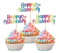 SYKYCTCY 24 Pack Happy Anniversary Cupcake Toppers Glitter Wedding Anniversary Cupcake Picks Baby Shower Birthday Party Cake Decorations Supplies Colorful