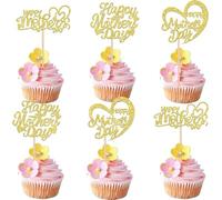 SYKYCTCY 24 Pack Happy Mother's Day Cupcake Toppers Glitter Heart Love You Mom Cupcake Picks Number 1 Mom Cupcake Decorations for Mother's Day Party Cake Decorations Gold