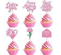 SYKYCTCY 24 Pack Happy Mother's Day Cupcake Toppers Glitter Rose Mailbox Best Mom Ever Cupcake Picks for Mother's Day Party Love You Mom Cake Decorations Pink