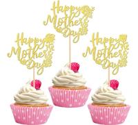 SYKYCTCY 24 Pack Happy Mother's Day Cupcake Toppers with Glitter Heart Rose Flower Love Mother Cupcake Picks Best Mom Cake Decorations for Happy Mother's Day Theme Women Birthday Party Supplies Gold