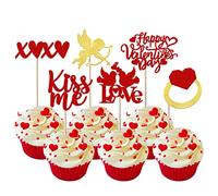 SYKYCTCY 24 Pack Happy Valentine's Day Cupcake Toppers Cupid Ring Sweet Love XOXO Kiss Me Cupid Cupcake Picks for Valentine's Day Theme Wedding Bridal Shower Birthday Party Cake Decorations Red Gold