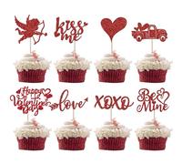 SYKYCTCY 24 Pack Happy Valentine's Day Cupcake Toppers Glitter Kiss Me Cupid Heart Be Mine XOXO Cupcake Picks Love Sweet Heart Valentine's Day Theme Wedding Party Cake Decorations Supplies