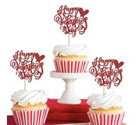 SYKYCTCY 24 Pack Happy Valentine's Day Cupcake Toppers Glitter Red Heart Love Be Mine Valentines Cupcake Picks for Happy Valentine's Day Theme Birthday Party Cake Decorations Supplies Red
