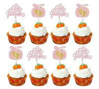 SYKYCTCY 24 Pack Little Pumpkin Cupcake Toppers Glitter Pumpkin Cupcake Picks for Fall Harvest Baby Shower Kids Birthday Cupcake Decorations Party Supplies Pink