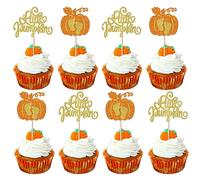 SYKYCTCY 24 Pack Little Pumpkin Cupcake Toppers Glitter Pumpkin Cupcake Picks Thanksgiving Baby Shower Cupcake Decorations for Fall Harvest Baby Kids Birthday Party Supplies Orange
