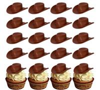 SYKYCTCY 24 Pack Plastic Western Cowboy Hat Cake Toppers Miniature Doll Hats Cake Pick Tiny Cowgirl Hat Cake Decorations for Western Birthday Party Supplies Brown
