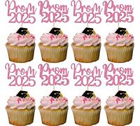 SYKYCTCY 24 Pack Prom 2025 Cupcake Toppers Glitter 2025 Graduation Cupcake Picks for Class of 2025 College Graduation Prom Party Cake Decorations Supplies Pink