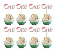 SYKYCTCY 24 Pack Rainbow One Cupcake Toppers Glitter Baby First Birthday Party Rainbow Cupcake Food Picks Baby Shower Boys Kids 1st Birthday Party Cake Decorations Supplies Rose Gold