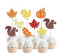 SYKYCTCY 24 Pack Thankful Cupcake Toppers Glitter Thank You Cupcake Picks Autumn Fall Maple Leave Pumpkin Turkey Squirrel Cupcake Decorations Thanksgiving Day Wedding Birthday Party Supplies Colorful