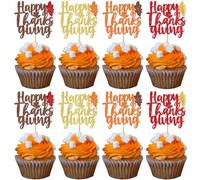 SYKYCTCY 24 Pack Thankful Cupcake Toppers Glitter Thank You Cupcake Picks Thanksgiving Day Cupcake Decorations for Happy Thanksgiving Day Theme Wedding Birthday Party Supplies